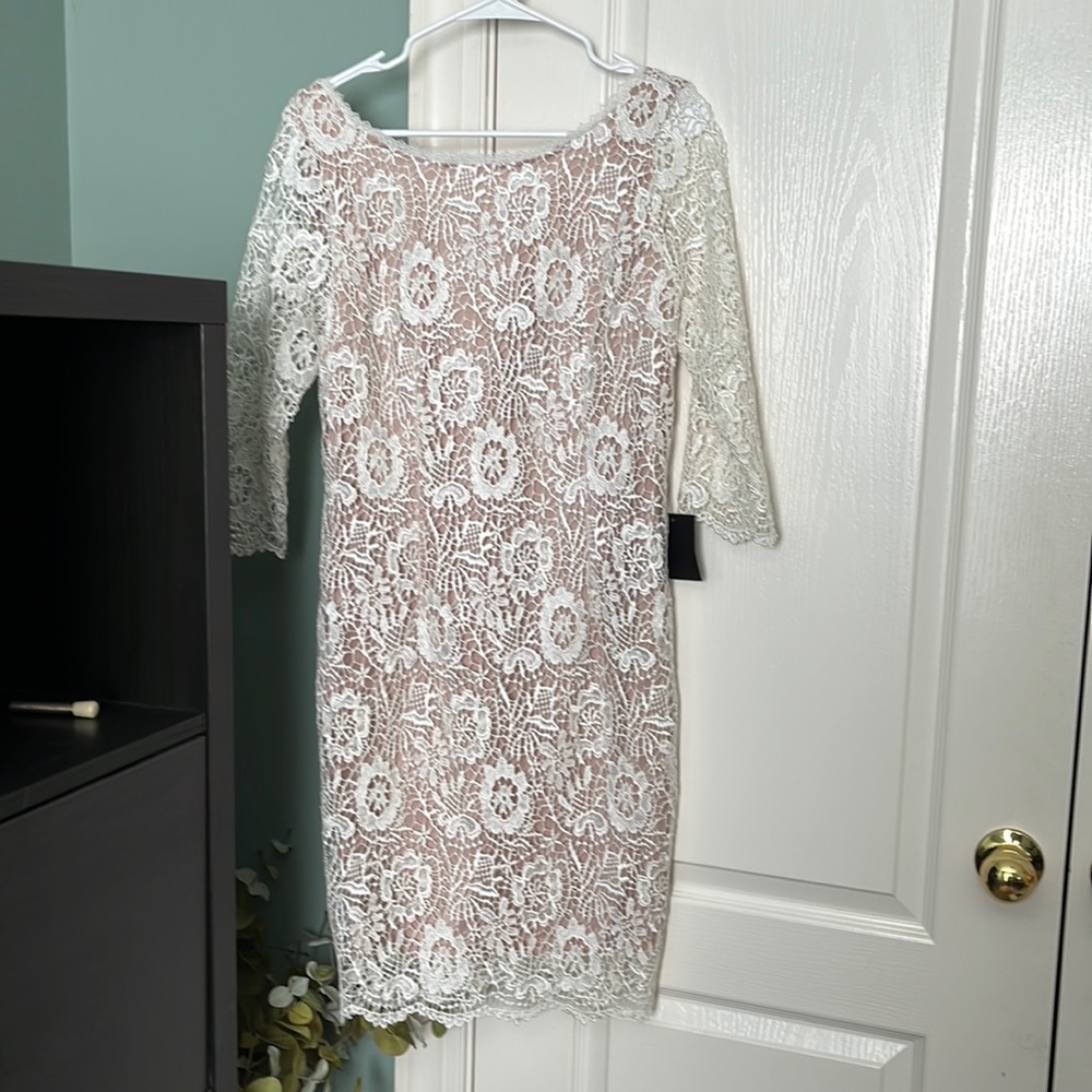 White lace with nude slip 3/4 sleeve midi dress